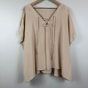 Gold Hawk 100% Silk Top Women's Large Beige Cold Shoulder Lace-Up Blouse Neutral